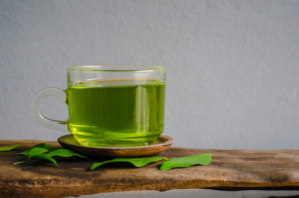 istock Drink green tea with green leaf on grey background. 1204560529