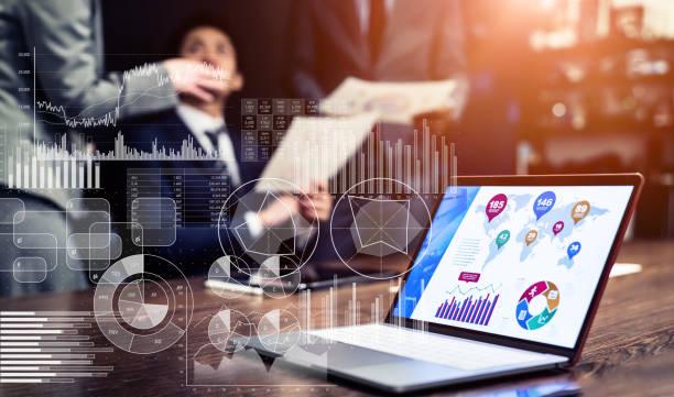 statistics of business concept. marketing. analysis. - spreadsheet financial figures computer computer monitor imagens e fotografias de stock