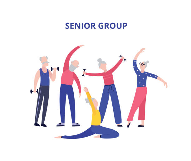 Old people doing exercises. Grandparents. Sport. Vector isolated illustration. Cartoon character. Old people doing exercises. Grandparents. Sport. Vector isolated illustration. Cartoon character. cartoon of the older people exercising gym stock illustrations