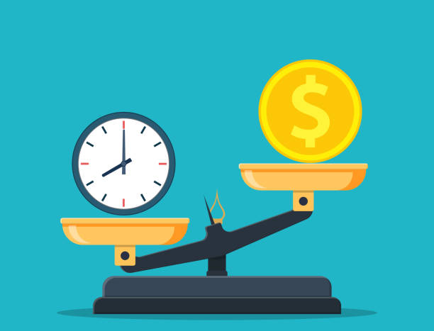 Time vs money on scales Time vs money on scales, disbalance. Time is money concept. Vector illustration in flat style. balance stock illustrations