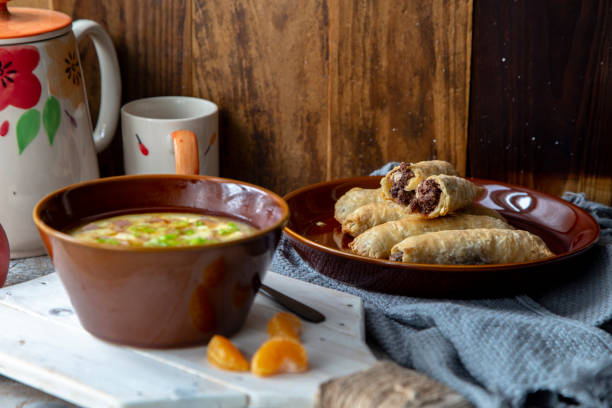 istock homemade breakfast:steamed egg custard with ham, and sweet puff pastry roll 1204566297
