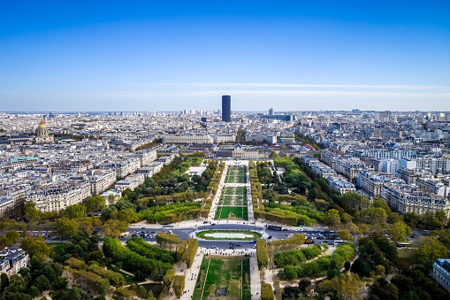 Aerial view of the Champ de Mars from Eiffel Tower, Paris, France