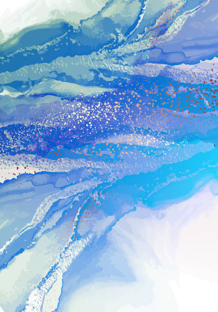 ilustrações de stock, clip art, desenhos animados e ícones de turquoise swirt ocean background. watrcolor alcohol ink marble pattern, blue paint ink art. liquid flow blended fruid art with gold splatters - blue ink