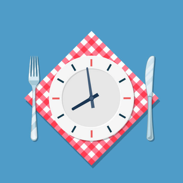 ilustrações, clipart, desenhos animados e ícones de placa com relógio, garfo e ícone de faca - lunch clock healthy eating plate