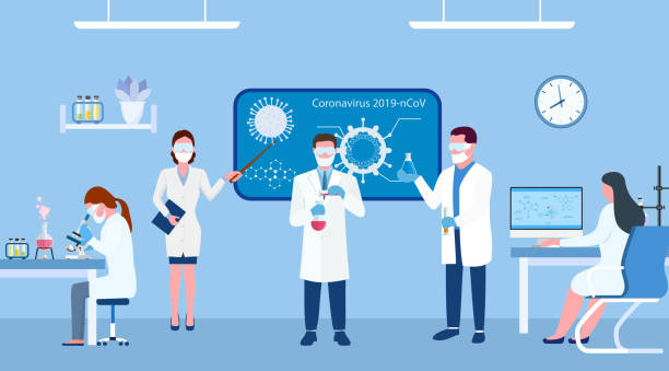 Chemical laboratory science and technology Chemical laboratory science and technology coronavirus 2019-nCoV. Scientists workplace concept. Science, education, chemistry, experiment, laboratory concept. vector illustration in flat design coronavirus laboratory stock illustrations