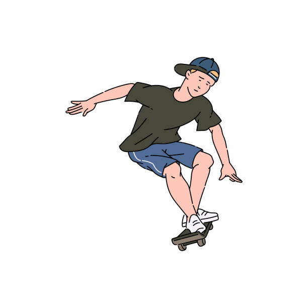 характер подростка прыгает на скейтборде, эскиз вектор иллюстрации изолированы. - recreational pursuit schoolboy cartoon skate stock illustrations