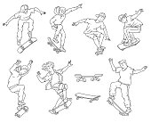 Teenage boys doing skateboard tricks - black and white line art drawing set. Isolated cartoon teenagers jumping and doing stunts - isolated vector illustration