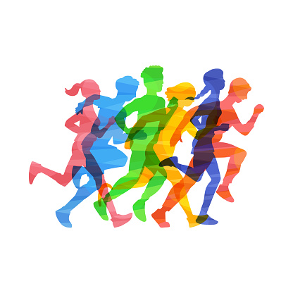 Crowd of young people running marathon, vector illustration in colorful abstract smash effect isolated on white background. Sport and healthy active lifestyle.