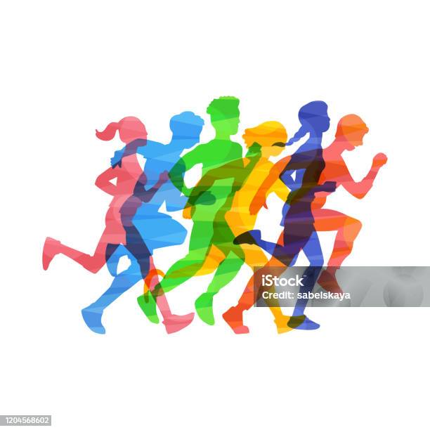 人群運行馬拉松向量插圖在顏色抽象效果隔離向量圖形及更多跑圖片 - 跑, 兒童, 運動