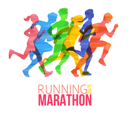Running marathon poster with cartoon runner people with overlapping colorful silhouettes jogging forward. Isolated flat vector illustration for sport event.