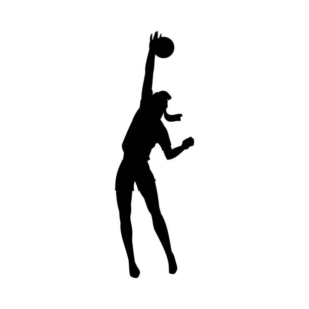 Female volleyball player jumping black silhouette, vector illustration isolated. Female volleyball or basketball player jumping for ball silhouette, vector illustration isolated on white background. Sport game competitions symbol or logo element. children jumping clip art stock illustrations