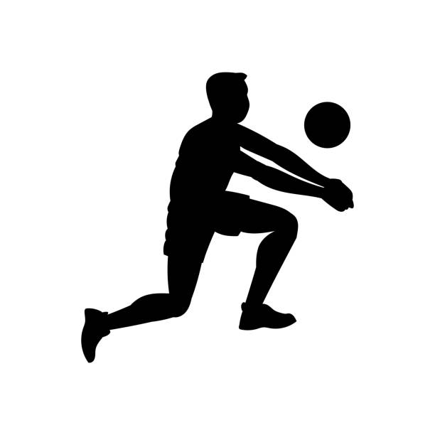 ilustrações, clipart, desenhos animados e ícones de jogador de vôlei acertando silhueta masculina de bola, ilustração vetorial isolada. - volleyball sport volleying silhouette