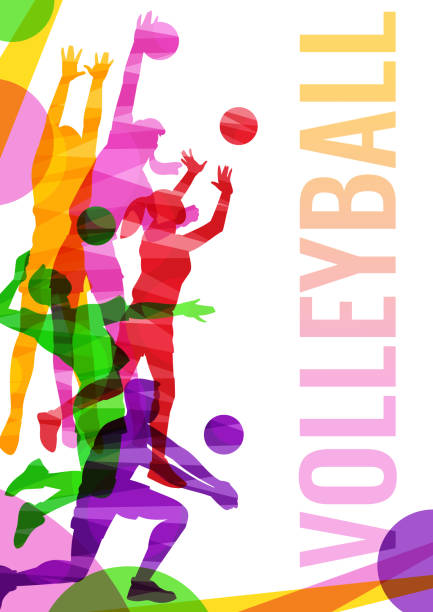 Volleyball competition banner template with players vector illustration isolated. Volleyball competitions poster or banner template with players abstract colorful silhouettes, vector illustration isolated on white background. Sport game invitation. Volleying stock illustrations