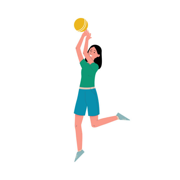 ilustrações de stock, clip art, desenhos animados e ícones de smiling woman playing sports game with ball, flat vector illustration isolated. - beach body ball volleyball