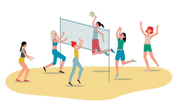 beachvolleyball-frauen-teamspieler flach vektor-illustration isoliert auf weiß. - volleying stock-grafiken, -clipart, -cartoons und -symbole