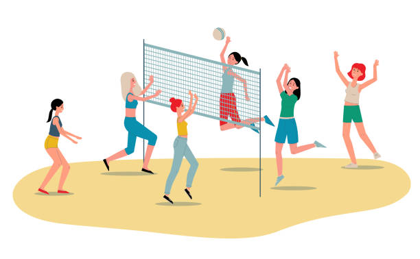 ilustrações de stock, clip art, desenhos animados e ícones de beach volleyball womens team players flat vector illustration isolated on white. - beach body ball volleyball