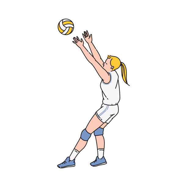 배구 또는 농구 여자 선수 스케치 벡터 일러스트레이션 격리. - volleyball volleying block human hand stock illustrations