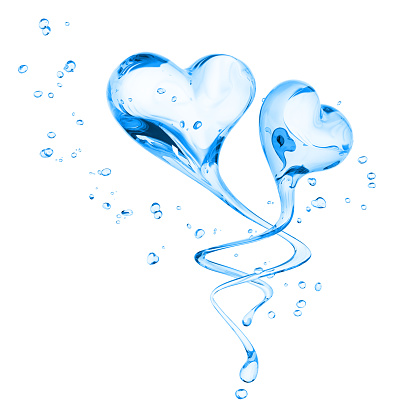 Splashing two hearts water abstract background, symbol love, Valentine's Day, isolated 3d rendering