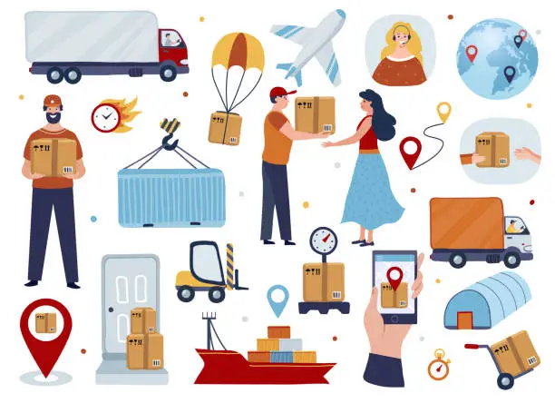 Vector illustration of Logistics and transportation services set.