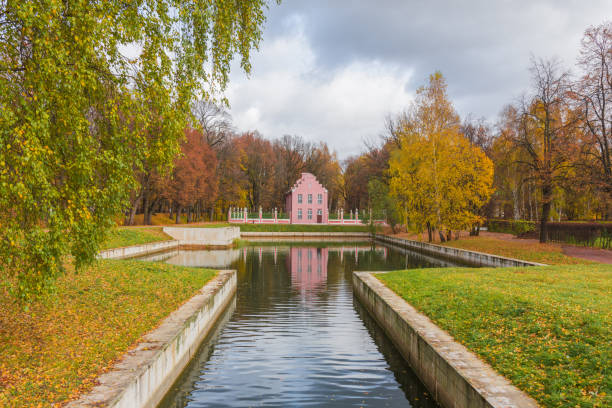 Moscow, Kuskovo estate on October 13, 2020, view of a Dutch house and a pond in the park, photo on a cloudy day in autumn