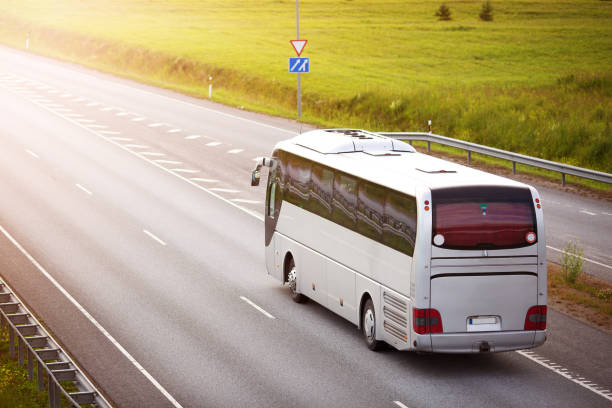 istock Bus on asphalt road in beautiful summer evening 1204571671