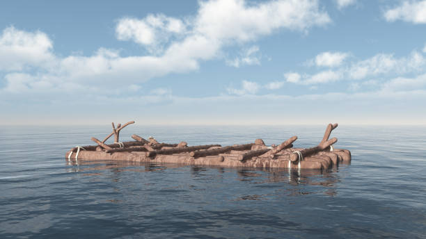 raft in the open sea - wooden raft imagens e fotografias de stock