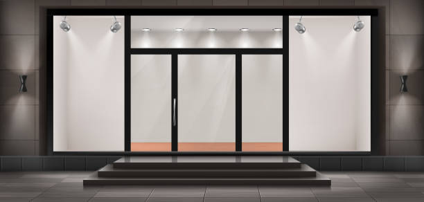 Vector storefront, empty illuminated showroom Vector illustration of storefront with steps and entrance door, glass illuminated showcase for presentations and museum exhibitions. Large shop window, empty fashion boutique or showroom with lights glass showroom stock illustrations