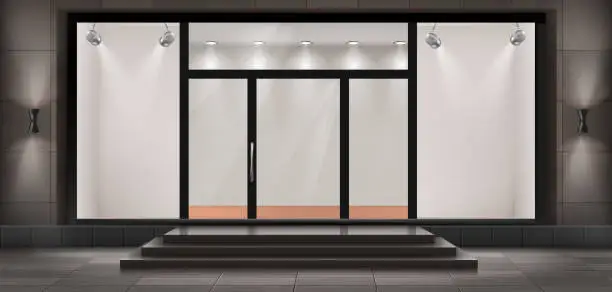 Vector illustration of Vector storefront, empty illuminated showroom