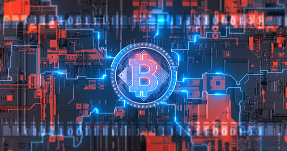 Cryptocurrency Bitcoin blockchain symbol digital encryption network on circuit board
