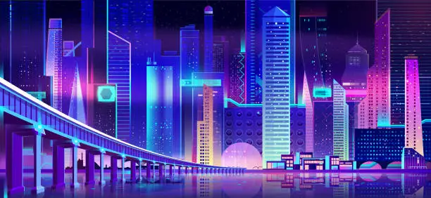 Vector illustration of Night city with neon lights and water bay bridge