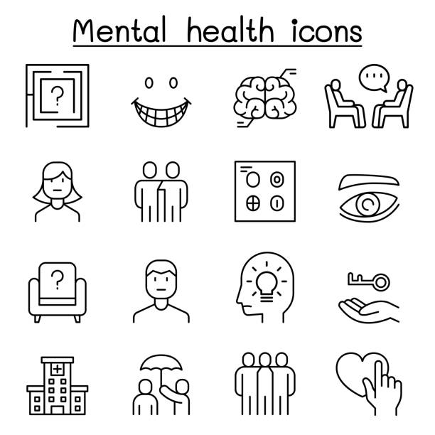 mental health icon in dünner linie stil gesetzt - mentalis muskel stock-grafiken, -clipart, -cartoons und -symbole