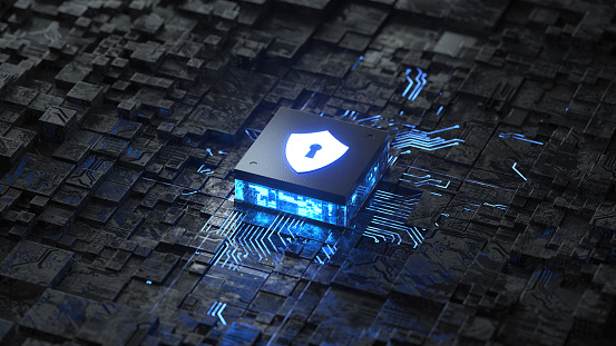 circuit board and shield icon,Hardware security, computer data protection and electronic technology concept,