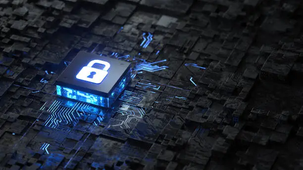 security lock symbol on circuit board.3d rendering,conceptual image.