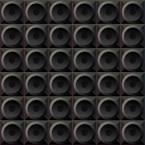 Vector illustration of seamless pattern black circles on black squares in a rainbow glowing frames, stylized disco speakers subwoofers. black background texture on the theme of technical music equipment for night clubs