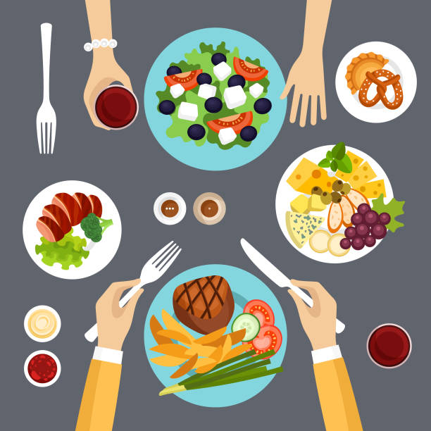 ilustrações de stock, clip art, desenhos animados e ícones de dinner table top view vector illustration - food dining cooking multi colored