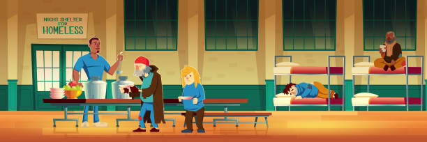 Night shelter for homeless, emergency housing Night shelter for homeless, emergency housing, temporary residence for people, bums and beggars without home. Poor men and woman lying on bed, eating and drinking warm food Cartoon vector illustration tramp home stock illustrations
