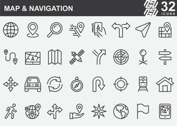 ilustraciones, imágenes clip art, dibujos animados e iconos de stock de iconos de la línea de navegación y mapas - distant sign