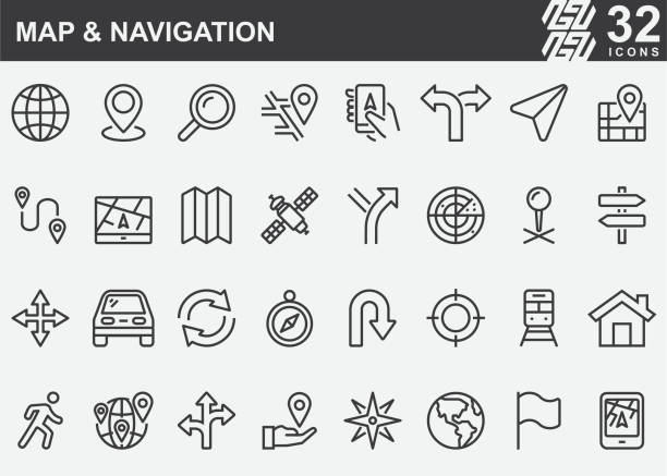 illustrations, cliparts, dessins animés et icônes de icônes de la carte et de la ligne de navigation - map road trip