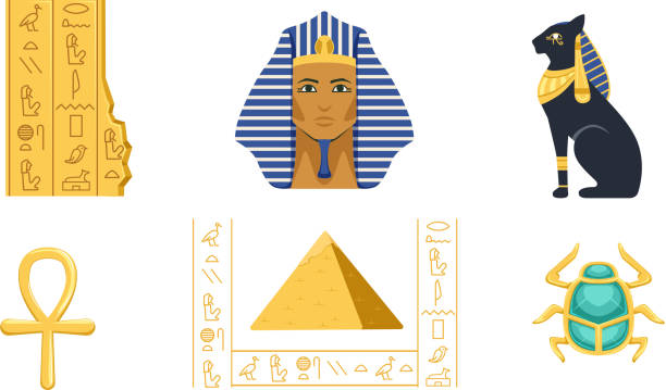 традиционные культурно-исторические символы египта коллекция, пирамида, ankh, тутанхамона, скарабей, бастет вектор иллюстрация - фараон иллюстрации stock illustrations