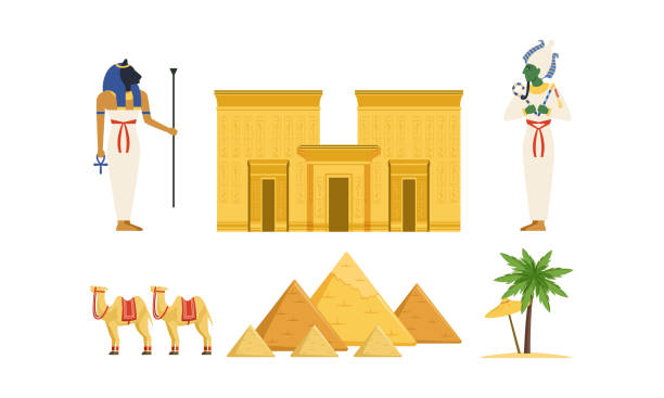 Traditional Cultural and Historical Symbols of Egypt Collection, Ancient Egyptian Deities, Pyramids, Camel, , Palm Tree Vector Illustration Traditional Cultural and Historical Symbols of Egypt Collection, Ancient Egyptian Deities, Pyramids, Camel, , Palm Tree Vector Illustration on White Background. pyramid of mycerinus stock illustrations
