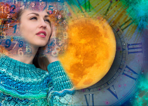 istock Woman big yellow moon and numbers 1204589480