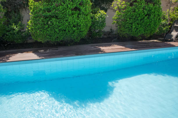 istock swimming pool design at modern residence . Backyard pool with diving board .Beautiful refreshing clear blue water in the outdoor pool in the garden . Garden house by the pool. 1204590216