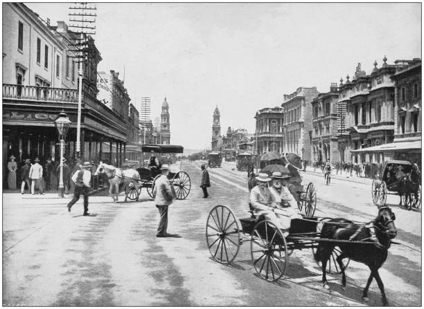 illustrazioni stock, clip art, cartoni animati e icone di tendenza di fotografia antica dell'impero britannico: king william street, adelaide - australia people antique old fashioned