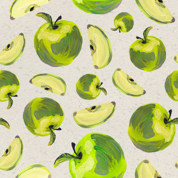 istock Yellow-green apples and slices. Seamless pattern on a  textured paper   background. 1204592996