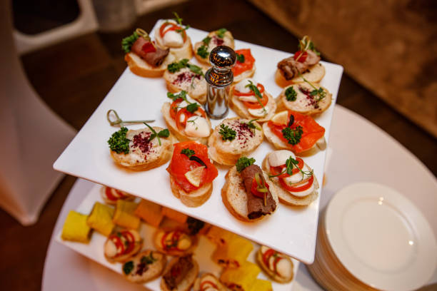 istock Various meat and vegetable snacks at event catering. 1204594285
