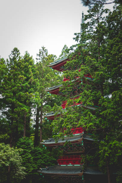 Nikko, Japan - August 12, 2019: Five storey Pagoda of the Nikko Toshogu Shrine, it forms the Shrines and Temples of Nikkō UNESCO World Heritage Site, with 42 structures of the shrine included in the nomination. Five of them are designated as National Treasures of Japan, and three more as Important Cultural Properties.