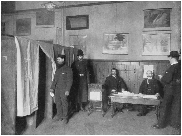 Antique photograph of the British Empire: Voting by Ballot at a Parliamentary Election, Glasgow Antique photograph of the British Empire: Voting by Ballot at a Parliamentary Election, Glasgow polling place photos stock illustrations