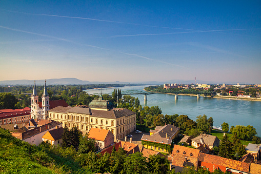 View of the historic town from the Esztergom basilica in Hungary. The Danube river and the border bridge to the town of Sturovo in Slovakia.