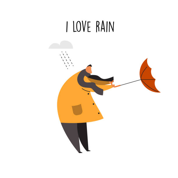 illustrazioni stock, clip art, cartoni animati e icone di tendenza di illustrazione vettoriale piatta dell'uomo che cerca di tenere il suo ombrello su un vento raffica - scarf blowing women autumn