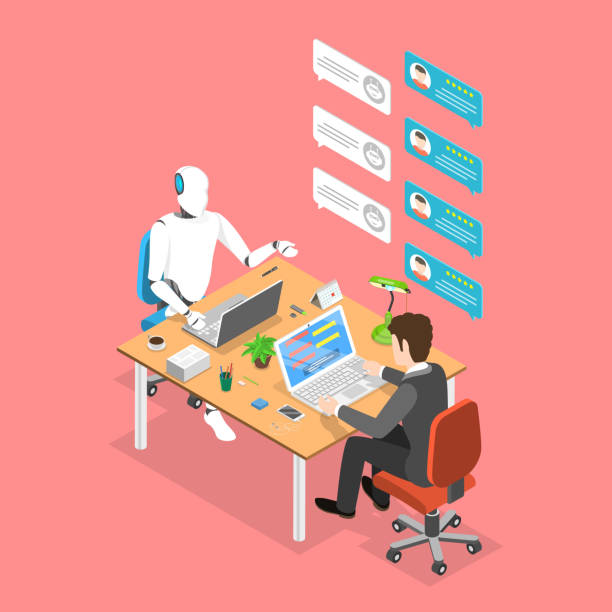 ilustraciones, imágenes clip art, dibujos animados e iconos de stock de concepto vectorial isométrico plano de chatbot, ai, inteligencia artificial. - agente inmobiliario